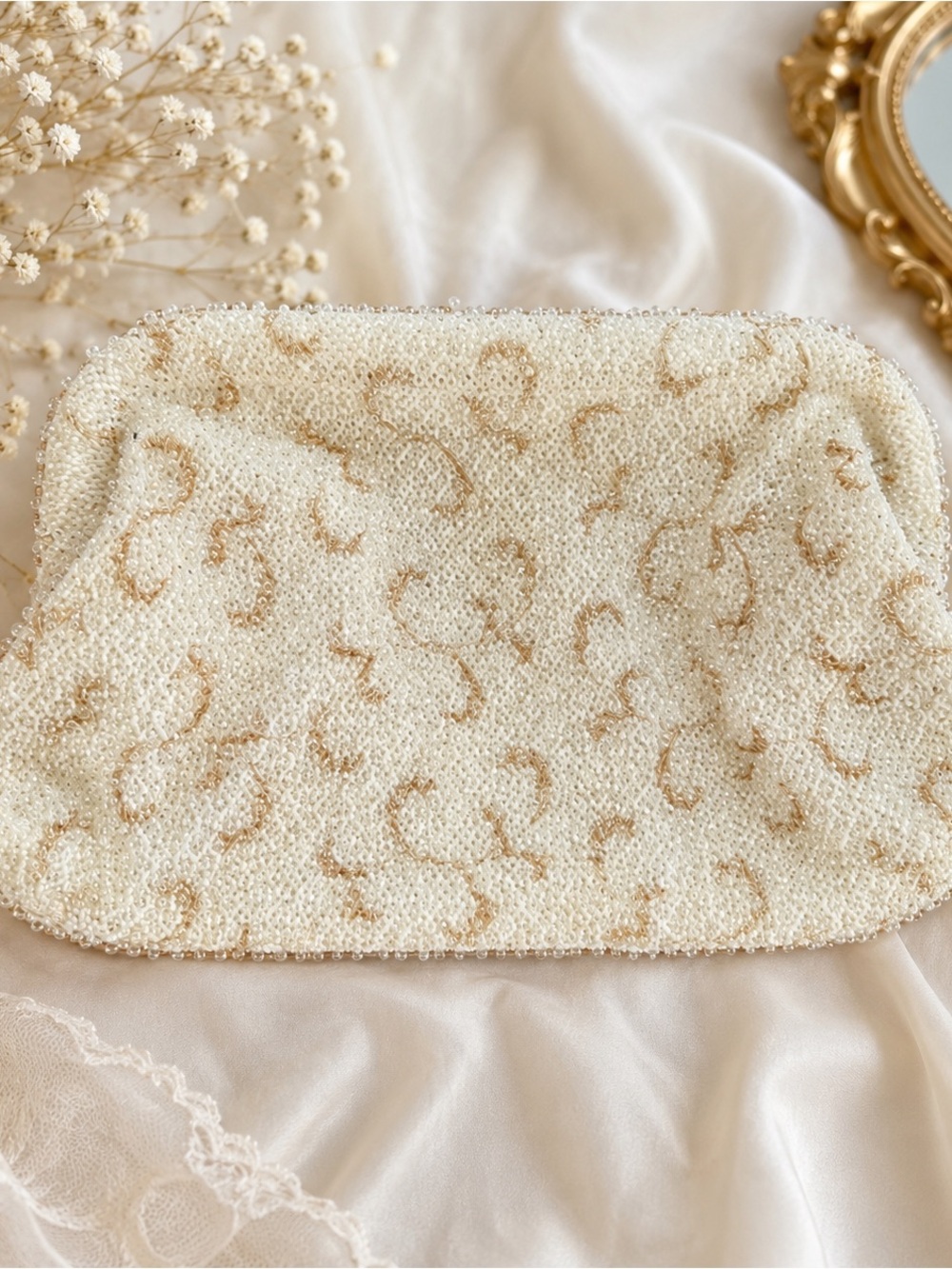 Vintage Cream Beaded Clutch Purse Romantic Ivory Evening Bag Bridal Cottagecore